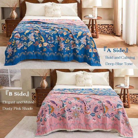 Two images of a Royal Flora Cotton Blanket on a bed, one in deep blue and the other in pink.