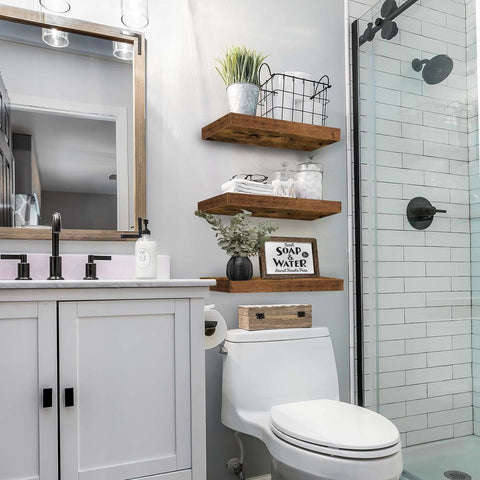 Modern bathroom setup with rustic shelves above toilet area