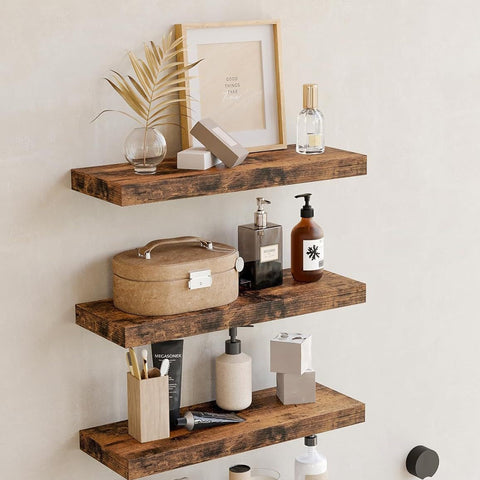 Rustic floating wall shelves styled with minimal home decor in bathroom
