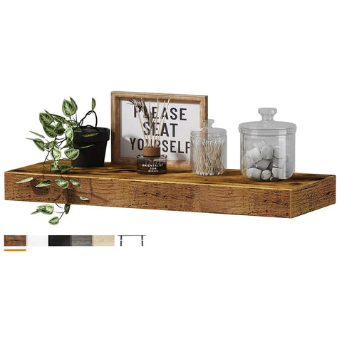 Wooden shelf with decorative items including a plant, sign, and jars on a white background