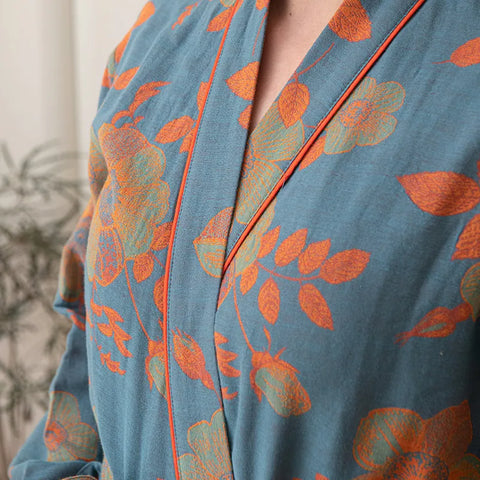Floral sleeve pattern on cotton gauze bathrobe