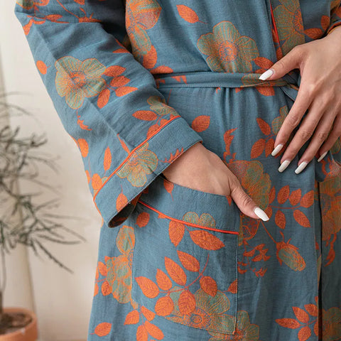  Close-up of yarn-dyed jacquard floral bathrobe texture