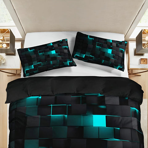 Black and teal geometric patterned bedding set on a bed in a bedroom.