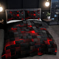 Sci-fi style red grid bedding on modern platform bed

