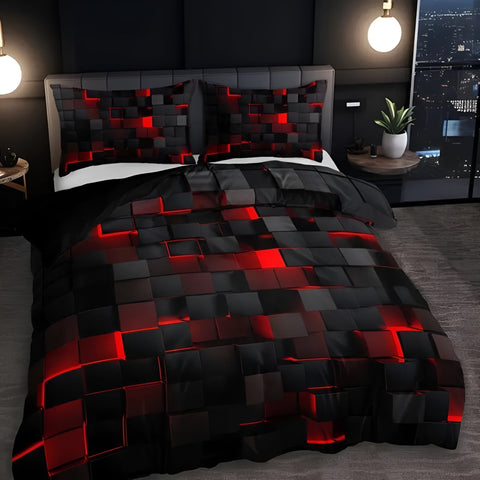 Sci-fi style red grid bedding on modern platform bed


