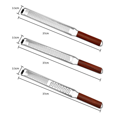 Three stainless steel graters with wooden handles, each 37 cm (14.6 inches) long and 3.5 cm (1.4 inches) wide, showing different grater patterns