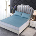 Sky blue Thai latex cooling mat and pillow set on modern silver bed