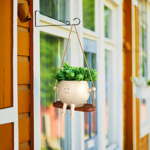 Hanging smiley planter with succulents by a window
