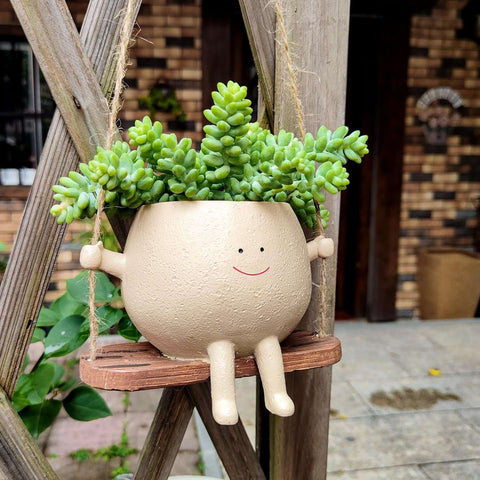 Smiley hanging planter with rope swing on wooden frame