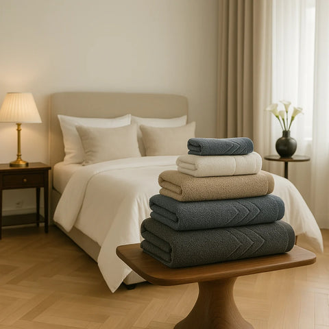 Soft cotton bath towels stacked on a wooden stool in a cozy bedroom