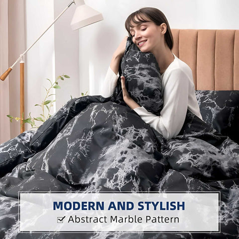 Woman hugging soft abstract marble duvet cover bedding set