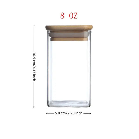 Measurement diagram of 240ml spice jar with bamboo lid and cylindrical glass body.

