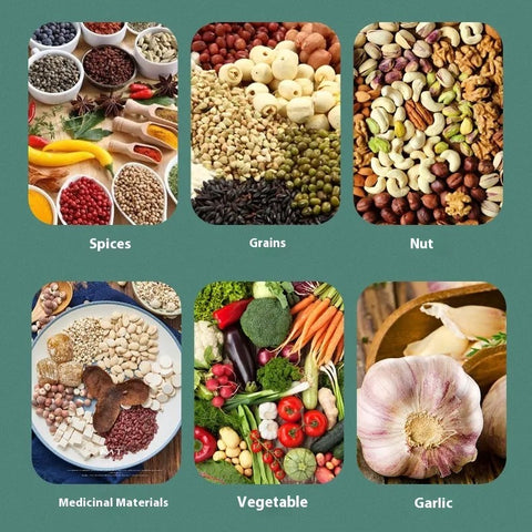 Collage showing spices, grains, nuts, medicinal materials, vegetables, and garlic ingredients