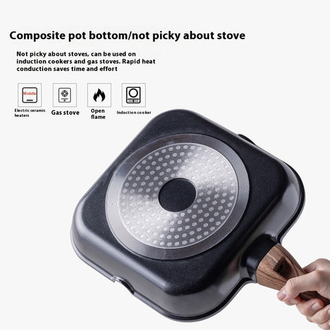 Black frying pan with composite pot bottom held by a hand on a white background