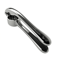 Chrome garlic press on a white background