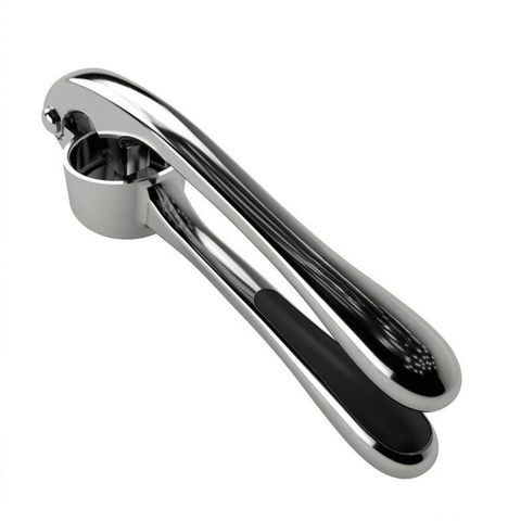 Chrome garlic press on a white background