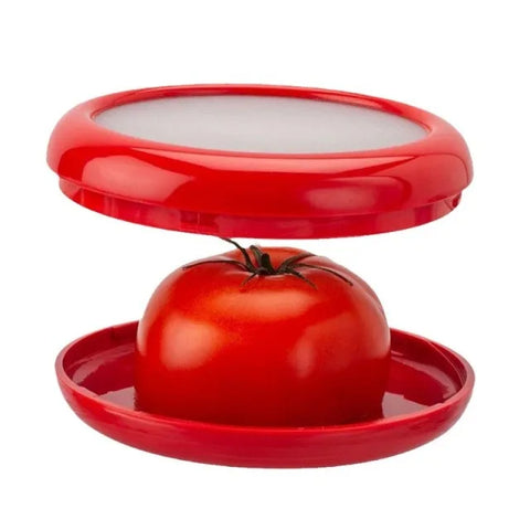 Tomato stored under red produce saver lid