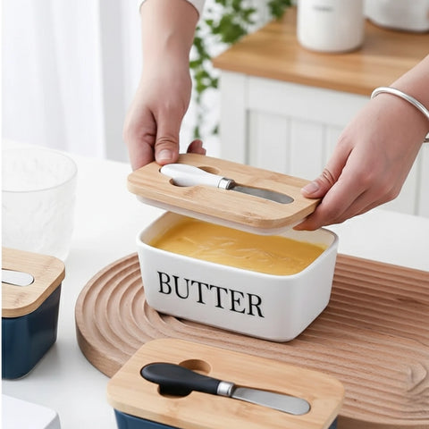 Ceramic Bamboo Butter Dish & Knife Set
