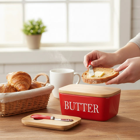 Ceramic Bamboo Butter Dish & Knife Set