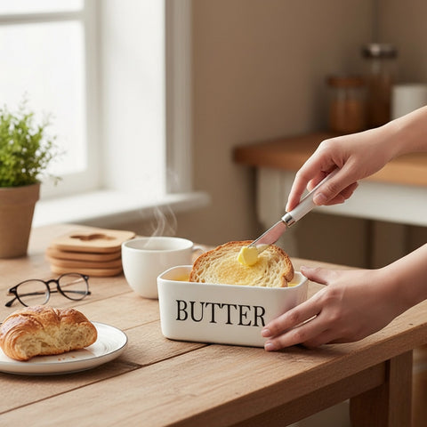Ceramic Bamboo Butter Dish & Knife Set