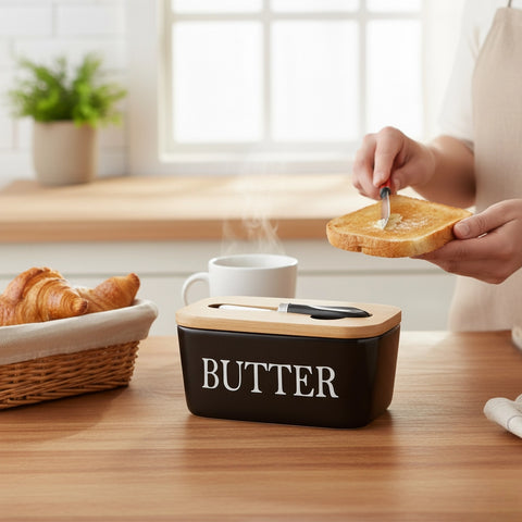 Ceramic Bamboo Butter Dish & Knife Set