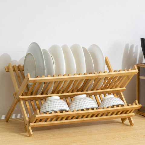 2-tier bamboo dish drying rack fully loaded