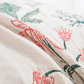 Close-up of embroidered fabric with floral patterns on a white background