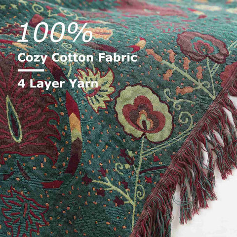 Close-up of vintage boho cotton throw blanket showing intricate floral pattern and soft texture