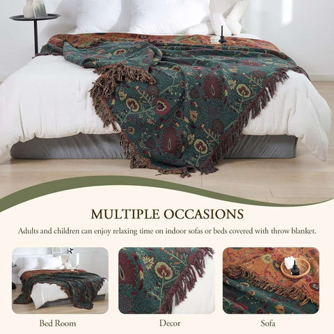 Vintage boho cotton throw blanket used as couch cover, bed blanket, decorative piece, and travel blanket.