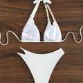 White chain strap bikini set flat lay showing inside of top and high waist bottom