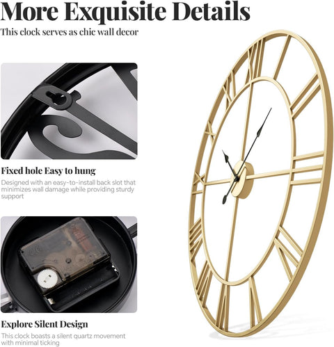 Close-up of wall clock mounting hole and silent quartz movement feature

