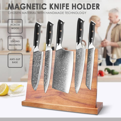 Magnetic knife holder displayed in modern kitchen with full knife set
