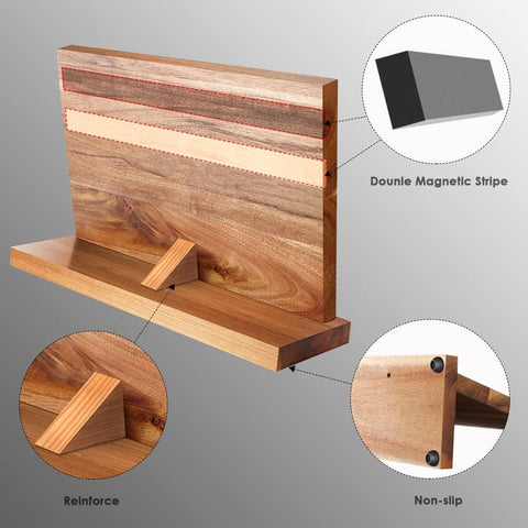 Solid wood magnetic knife block with close-up of bamboo and metal base
