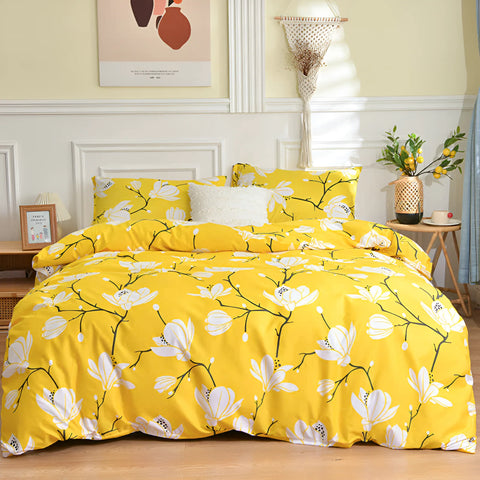 Yellow bedding set styled with modern decor – cozy option for king or queen beds