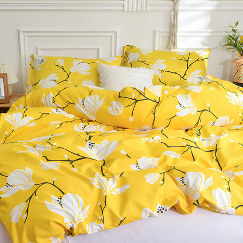 3-piece bedding set with yellow floral duvet and pillowcases for queen or king beds