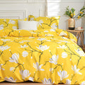Yellow floral duvet cover bedding set on full bed – vibrant and cozy brushed microfiber