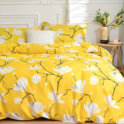 Yellow floral duvet cover bedding set on full bed – vibrant and cozy brushed microfiber