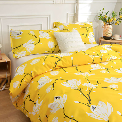 Yellow blossom duvet and pillowcases – ideal set for full or queen bed upgrades